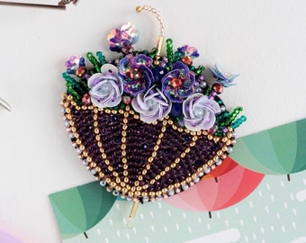 DIY Jewelry making kit "Umbrella", Seed beaded brooch, Bead Embroidery Kit