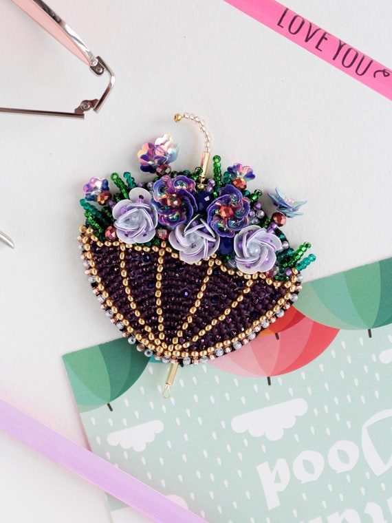 DIY Jewelry making kit "Umbrella", Seed beaded brooch, Bead Embroidery Kit A05