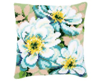 DIY Cross Stitch Cushion Kit "Japanese anemones II" | Needlepoint Pillow Kit | Embroidery kit | Home decor