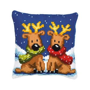 DIY Cross Stitch Cushion Kit &quot;Reindeer Twins&quot; | Needlepoint Pillow Kit | Embroidery kit | Home decor