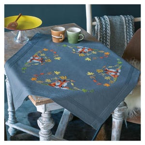 DIY Printed Tablecloth kit "Foxes", Printed Cross Stitch Kit, Embroidery table decor kit