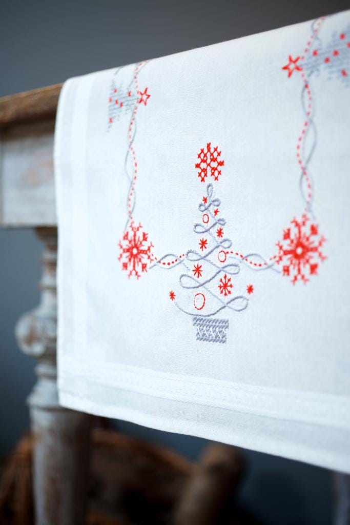 DIY Printed Table Runner kit "Christmas trees", Printed Cross Stitch Kit, Embroidery table decor kit