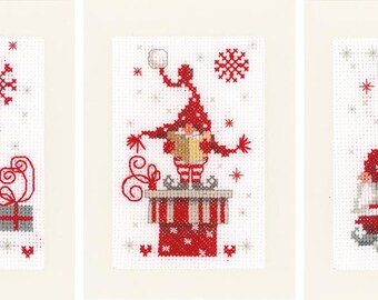 DIY Greeting card kit Christmas gnomes set of 3, Counted Cross Stitch Kit, Embroidery kit, Holiday greeting cards