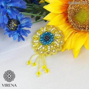 Beadwork kit for creating brooch &quot;Sunflower&quot;, DIY Jewelry making kit, Seed beaded brooch, Bead Embroidery Kit, Brooch Pin kit for Women