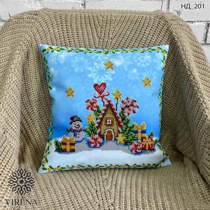 DIY Bead embroidery pillowcase kit &quot;Christmas house of gifts&quot;, Cushion cover kit, Needlepoint beading kit, Home decor