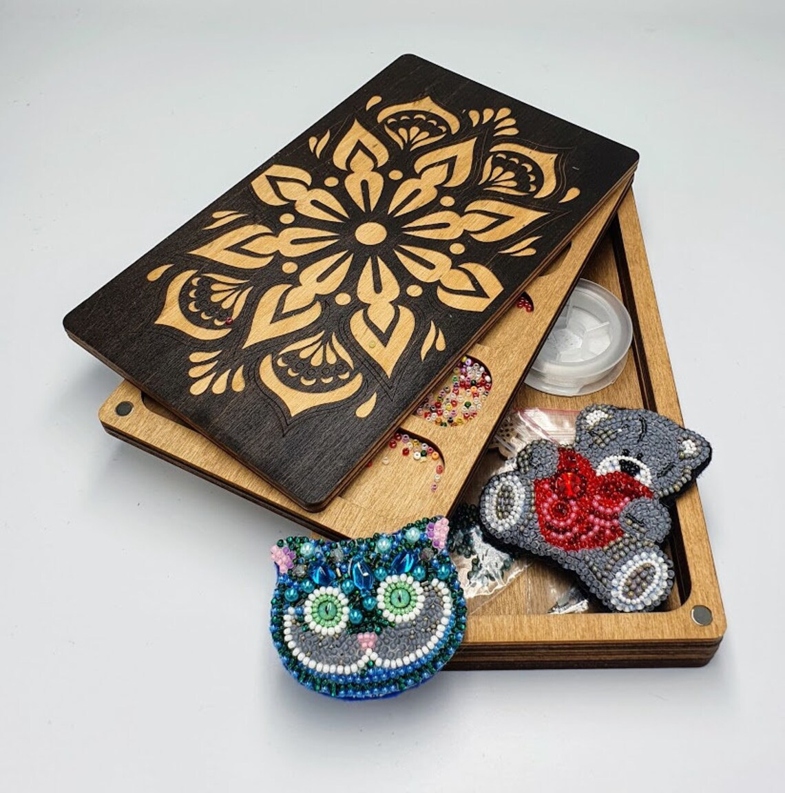 Wood bead organizer tray with wooden lid Seed bead storage Etsy