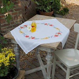 DIY Printed Tablecloth kit "Flowers & lavender", Printed Cross Stitch Kit, Embroidery table decor kit