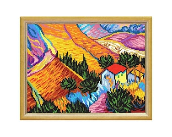 DIY Printed Tapestry kit "Ploughman House, V. van Gogh" 14.2x18.5 in / 36x47 cm, Needlepoint Kit, Embroidery kit, Printed Canvas