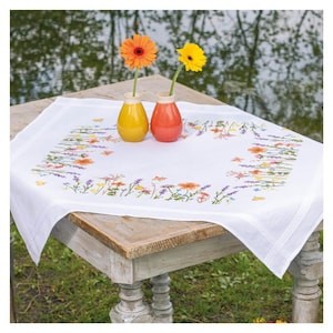 DIY Printed Tablecloth kit "Lavender and field flowers", Printed Cross Stitch Kit, Embroidery table decor kit