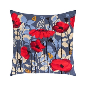 DIY Needlepoint Pillow Kit "Poppies in the Evening" | Tapestry Cushion, Tent Stitch Embroidery Kit, Needlecraft Pillow, Printed Canvas 16x16