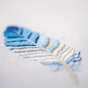 DIY Printed Tablecloth kit "Blue feathers", Printed Cross Stitch Kit, Embroidery table decor kit