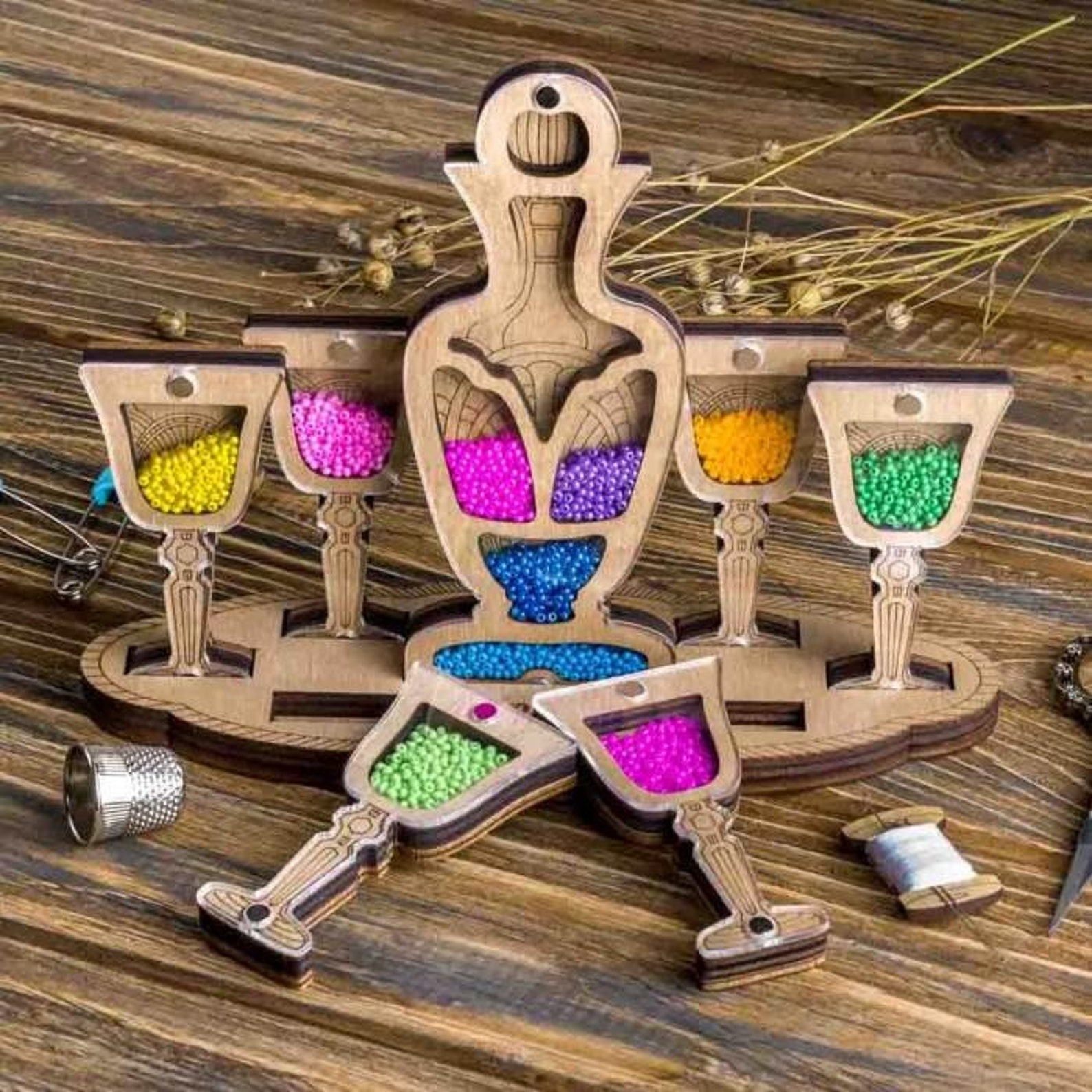 Set of Mini Seed Bead Containers With a Stand Wood Bead Etsy