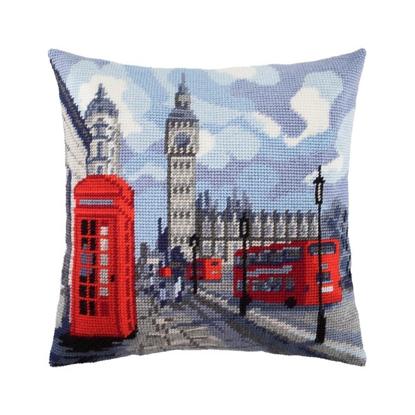 DIY Needlepoint Pillow Kit "London", Tapestry cushion kit, Half Cross Stitch Kit, Embroidery kit, size 16"x16" (40x40 cm), Printed Canvas