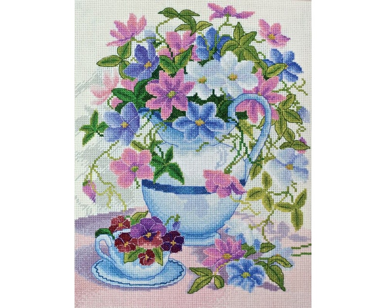 23x30 cm DIY Cross Stitch Kit Clematis in jug size: 9.0x11.8 Abris1 Embroidery kit