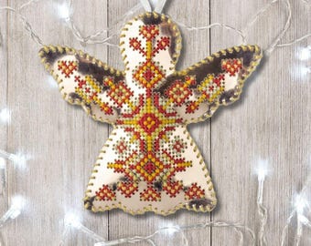Cross Stitch Kit «Angel Christmas Ornament» DIY Embroidery on Faux Leather, Handmade Christmas tree toy, Christmas Decoration, Christmas