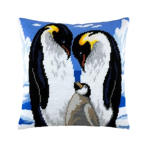 DIY ニードルポイント ピローキット「恋するペンギン」、タペストリー クッション キット、ハーフ クロスステッチ キット、刺繍キット、サイズ 16"x16" (40 x 40 cm)、プリント