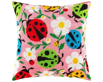 DIY Needlepoint Pillow Kit "Ladybugs and Flowers" | Tapestry Cushion, Tent Stitch Embroidery Kit, Needlecraft Pillow, Printed Canvas 16x16