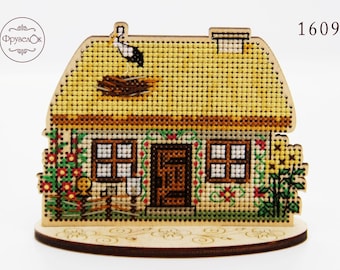 DIY cross stitch kit on wood "The Hut", Christmas gift, Embroidered Xmas ornament on wood, Christmas tree toy