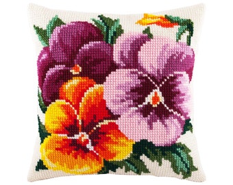 DIY Needlepoint Pillow Kit, Pansies, Cross Stitch Cushion Kit, Embroidery kit, Brvsk, 16x16" (40x40 cm), Printed Canvas