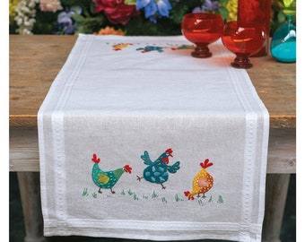DIY Printed Table Runner kit "Colourful chickens", Printed Cross Stitch Kit, Embroidery table decor kit
