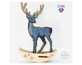 DIY cross stitch kit on wood "Silver Hoof" | Christmas gift, Embroidered Xmas ornament on wood | Christmas tree toy