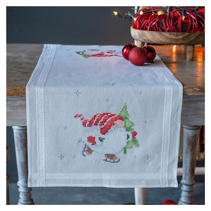 DIY Printed Table Runner kit &quot;Christmas gnomes&quot;, Printed Cross Stitch Kit, Embroidery table decor kit