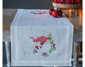 DIY Printed Table Runner kit "Christmas gnomes", Printed Cross Stitch Kit, Embroidery table decor kit