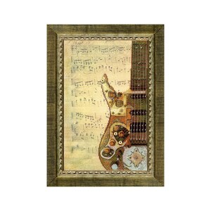May include: A framed print of a steampunk-style electric guitar with intricate gears and metal details. The guitar is depicted against a background of sheet music.