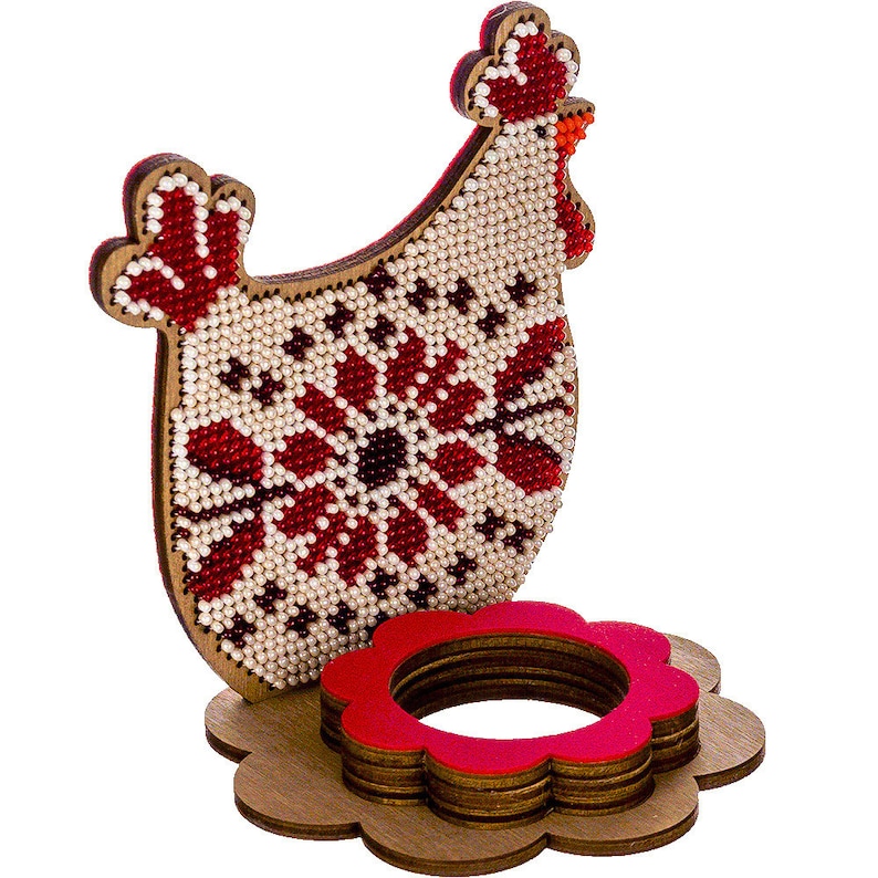 Beaded egg DIY kit festive table decor embroidered Easter ornament with cute chicken wooden blank cutout for beadwork