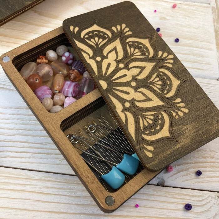Needlework holder Wood bead organizer tray with wooden lid Etsy