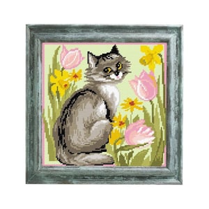 DIY Cross Stitch Kit &quot;Сat among tulips&quot; with Printed Tapestry Canvas, 9.8x9.8 in / 25x25 cm, Needlepoint Kit, Embroidery kit