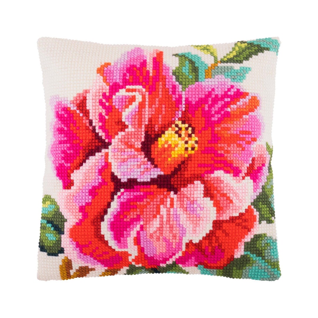 DIY Needlepoint Pillow Kit Hibiscus Cross Stitch Cushion Etsy