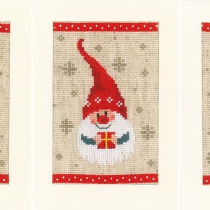 Kit de cartões de felicitações DIY, conjunto de 3 gnomos de Natal, kit de ponto cruz contado, kit de bordado, cartões de felicitações de Natal
