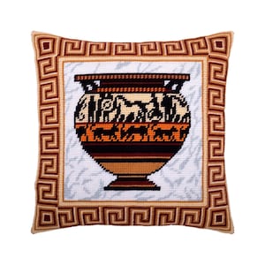 DIY Needlepoint Pillow Kit "Hellas" | Tapestry Cushion, Tent Stitch Embroidery Kit, Needlecraft Pillow, Printed Canvas 16x16 in, 40x40 cm