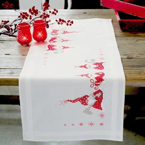 DIY Printed Table Runner kit &quot;Christmas Gnomes&quot;, Printed Cross Stitch Kit, Embroidery table decor kit