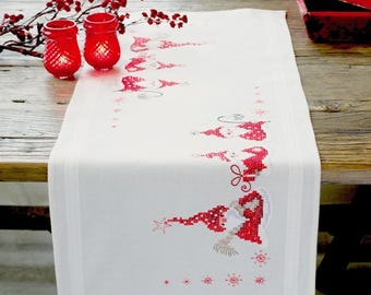 DIY Printed Table Runner kit "Christmas Gnomes", Printed Cross Stitch Kit, Embroidery table decor kit