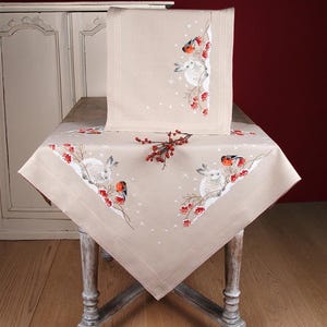 DIY Printed Tablecloth kit &quot;Snow hare and goldfinch&quot;, Printed Cross Stitch Kit, Embroidery table decor kit