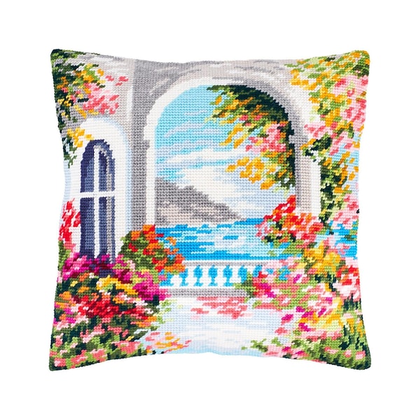DIY Needlepoint Pillow Kit "Mediterranean" | Tapestry Cushion, Tent Stitch Embroidery Kit, Needlecraft Pillow, Printed Canvas 16x16 in
