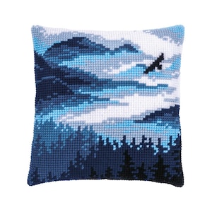 DIY Cross Stitch Cushion Kit &quot;BLUE LANDSCAPE&quot; | Needlepoint Pillow Kit | Embroidery kit | Home decor