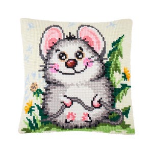 Kit cuscino punto croce fai da te "Topolino divertente" con tela stampata, kit cuscino punto croce, kit ricamo, Brvsk, 16x16" (40 x 40 cm)