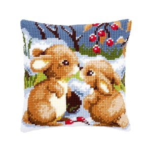 DIY Cross Stitch Cushion Kit &quot;Snow rabbits&quot; | Needlepoint Pillow Kit | Embroidery kit | Home decor