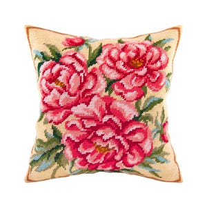 DIY Needlepoint Pillow Kit &quot;Peony&quot;, Tapestry cushion kit, Half Cross Stitch Kit, Embroidery kit, size 16&quot;x16&quot; (40x40 cm), Printed Canvas