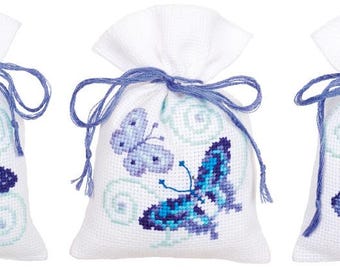 DIY Counted Cross Stitch Kit "Bag kit Blue butterflies set of 3"  Embroidery kit, Home decor, Gift for her