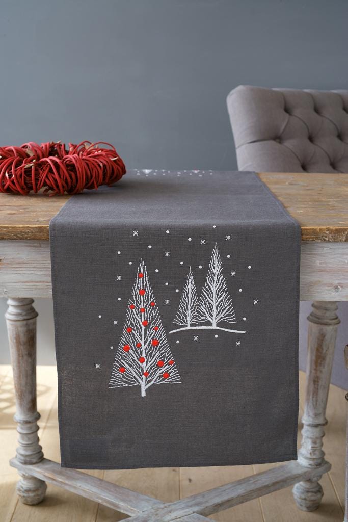DIY Printed Table Runner kit "Christmas Trees", Printed Cross Stitch Kit, Embroidery table decor kit