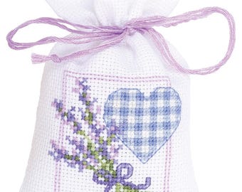 DIY Counted Cross Stitch Kit "Bag kit Lavender twigs with heart"  Embroidery kit, Home decor, Gift for her