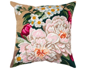 Kit d'oreillers pour broderie « Pivoines », kit de coussins, kit de point de croix, kit de point de croix, kit de broderie, taille 16 x 16 po. (40 x 40 cm), toile imprimée