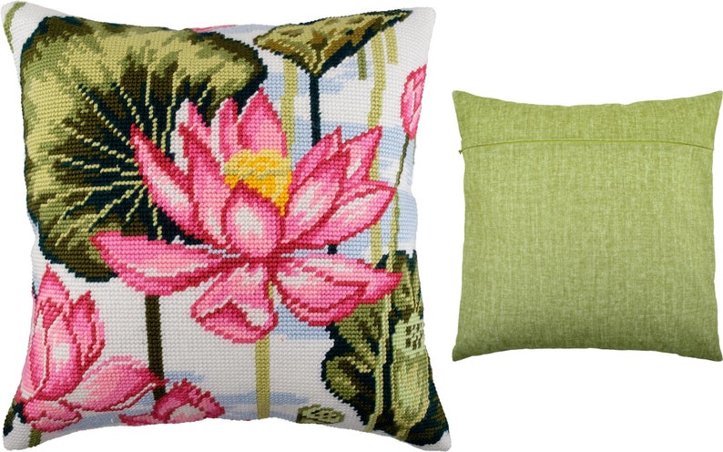 DIY Needlepoint Pillow Kit Lotus, Tapestry cushion kit, Half Cross Stitch Kit, Embroidery kit, size 16x16 40x40 cm, Printed Canvas image 8