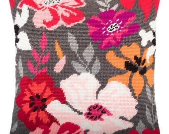 DIY Needlepoint Pillow Kit "Red Flowers" | Tapestry Cushion, Tent Stitch Embroidery Kit, Needlecraft Pillow, Printed Canvas 16x16 in, 40x40