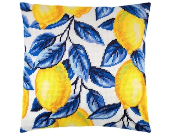 DIY Needlepoint Pillow Kit "Lemons" | Tapestry Cushion, Tent Stitch Embroidery Kit, Needlecraft Pillow, Printed Canvas 16x16 in, 40x40 cm