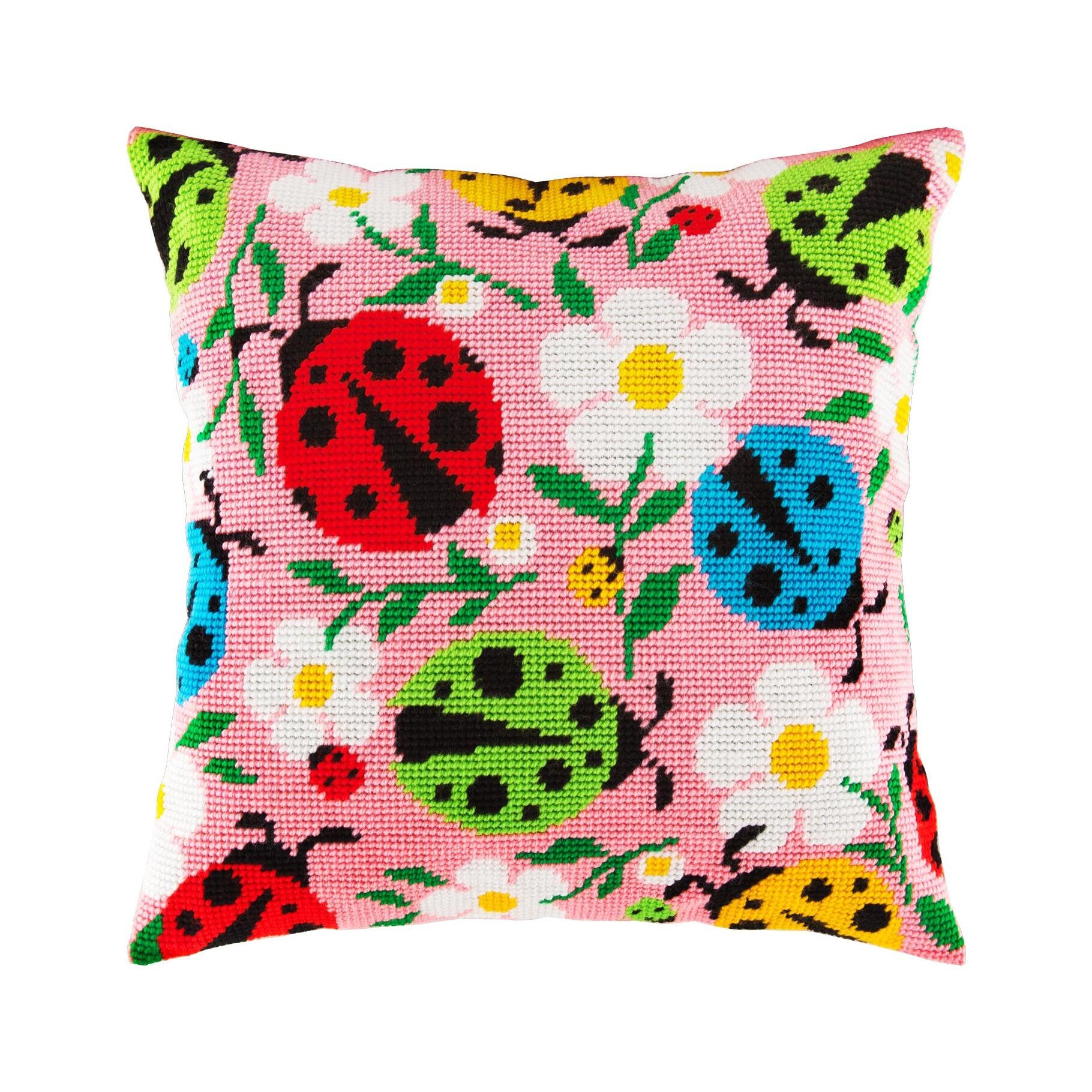 DIY Needlepoint Pillow Kit Ladybugs and Flowers Etsy